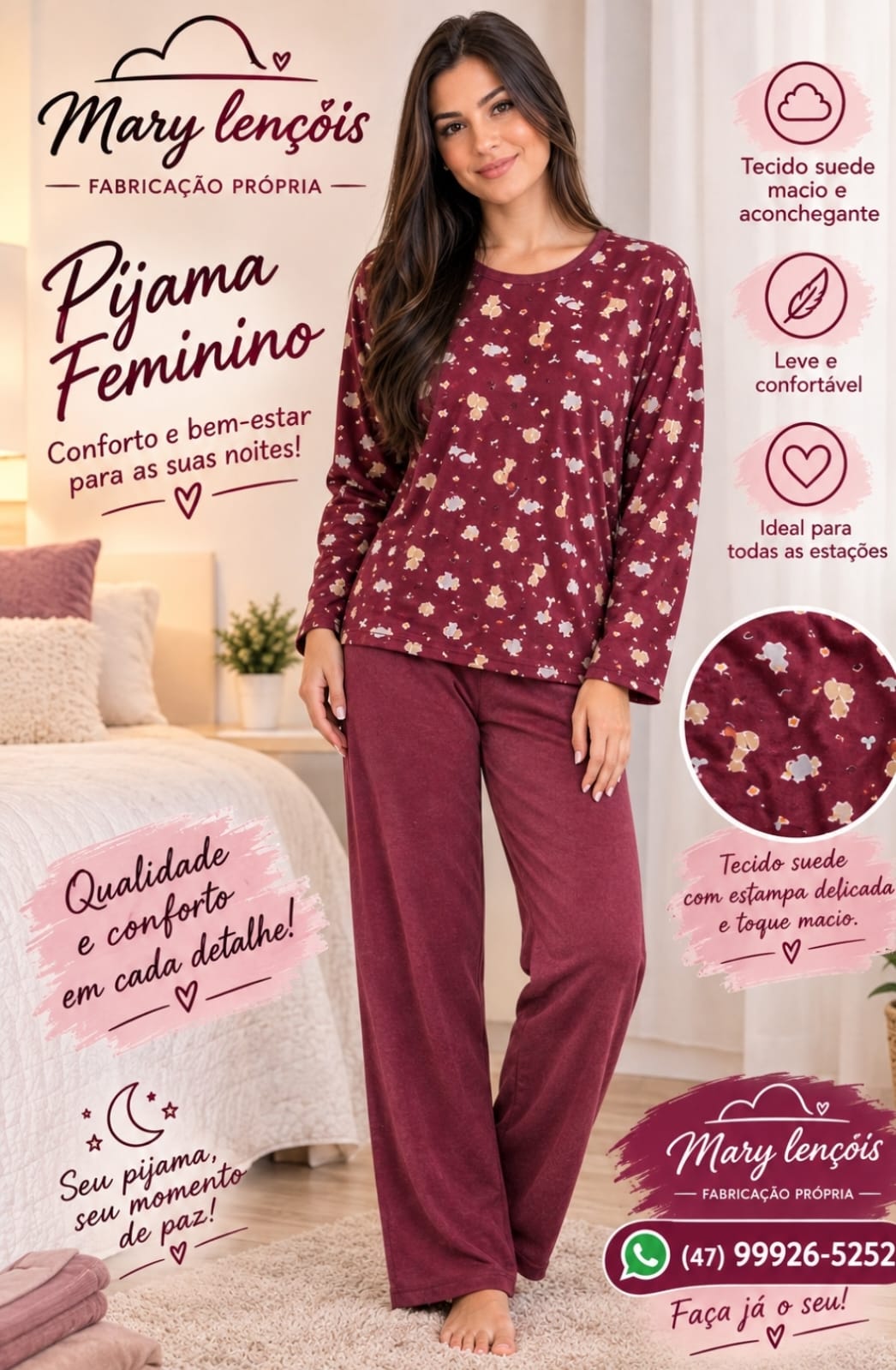 Pijama Feminino Floral Bordô