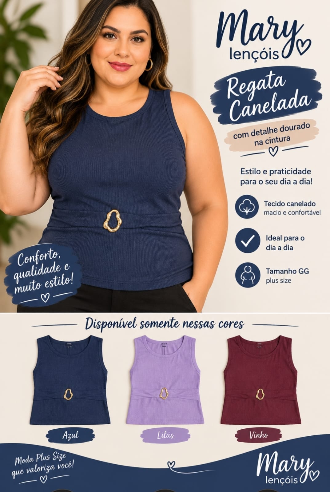 Regata Canelada com Detalhe Dourado na Cintura